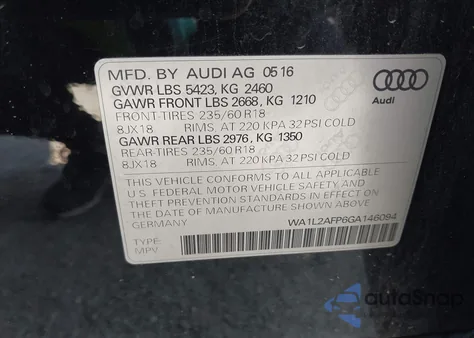 2016 Audi Q5 2.0T Premium from USA, damaged, VIN WA1L2AFP6GA146094